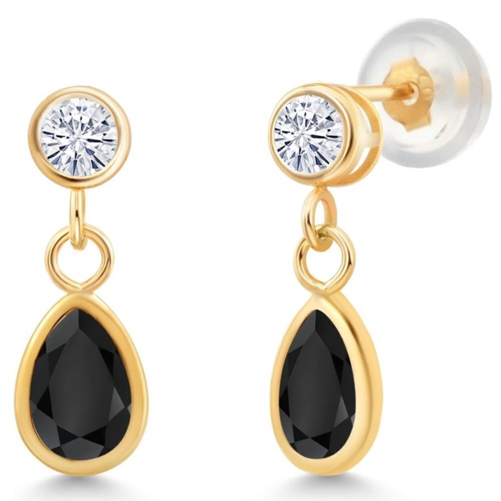 14K Yellow Gold with 0.96 Cttw Black Onyx and White Moissanite Post Earrings - Picture 2 of 4